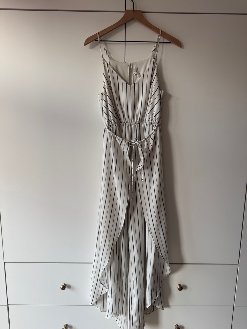 Cream and Black Striped Jumpsuit with Tie Waist